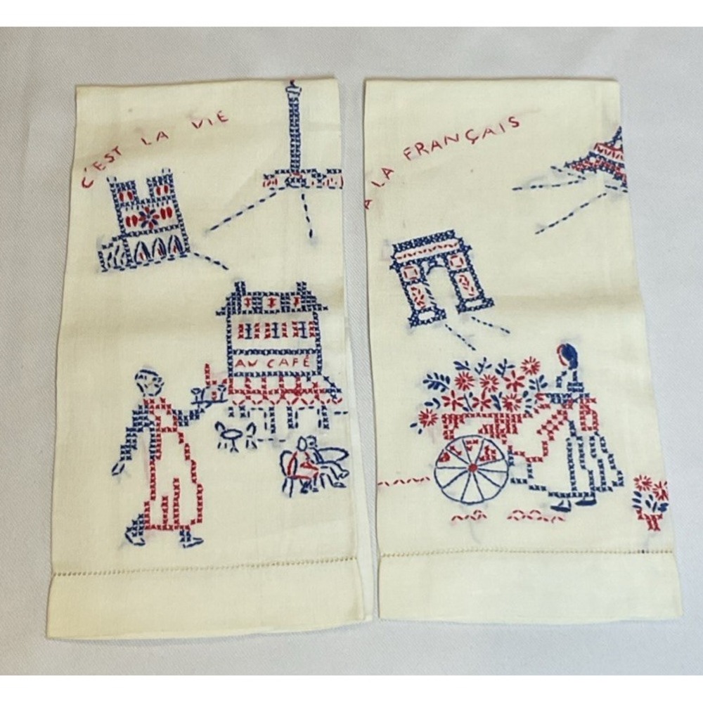 2 Vtg C’est La Vie Cross Stitch Hand Embroider Napkins Towels French Cottagecore